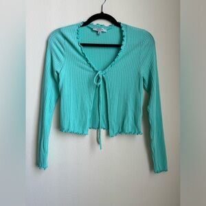 Gaze Front Tie Ribbed Teal Green Cardigan | Small